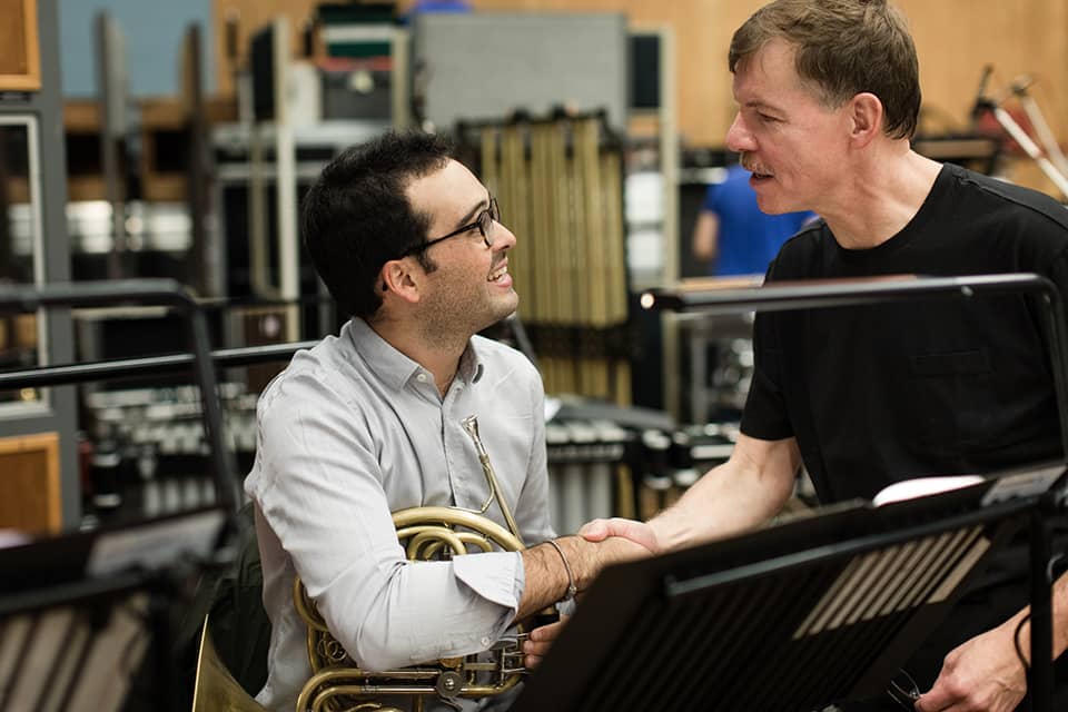 Kenneth Fuchs speaks with hornist Alberto Menéndez Escribano at the LSO, August 21, 2017