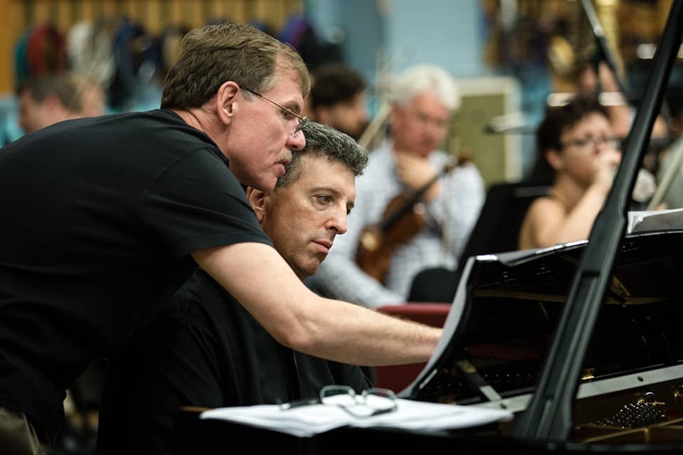 Kenneth Fuchs and Jeffrey Biegel consult during the recording of Concerto for Piano with the LSO, August 22, 2017
