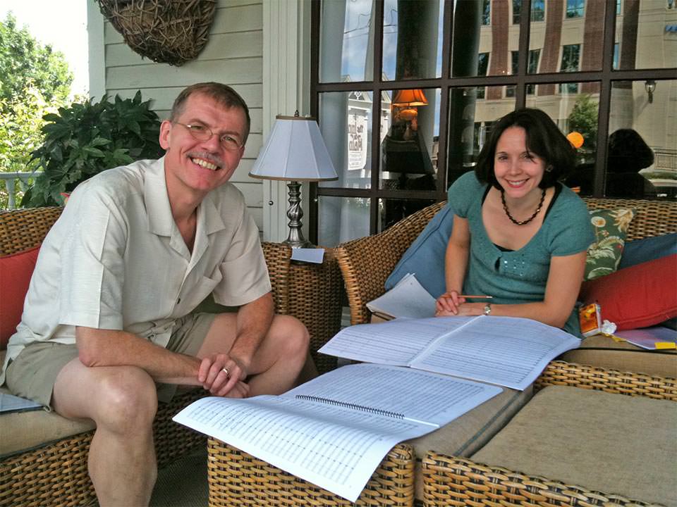 Reviewing the score of Falling Man with conductor Sarah Ioannides, 2011